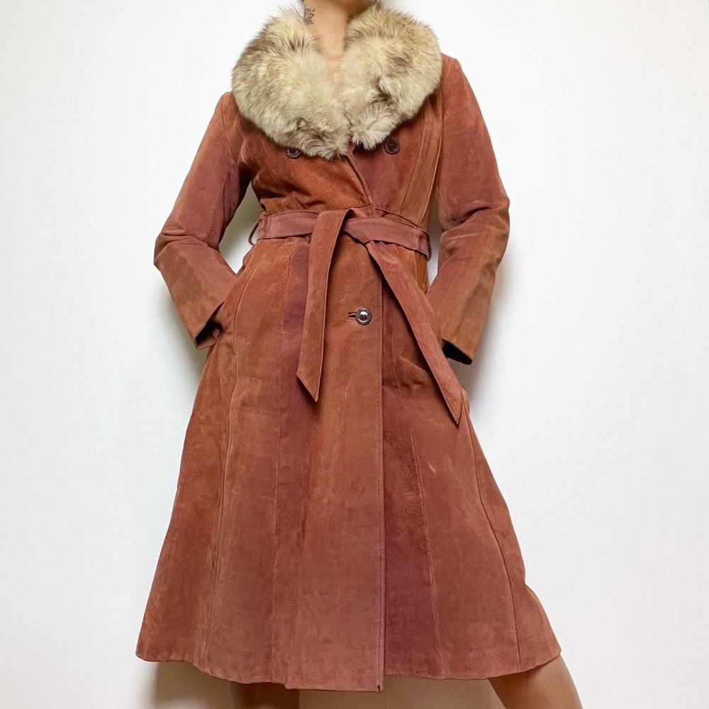 SOLD Vintage 70s Genuine Suede Trench Coat With Fox Fur Collar